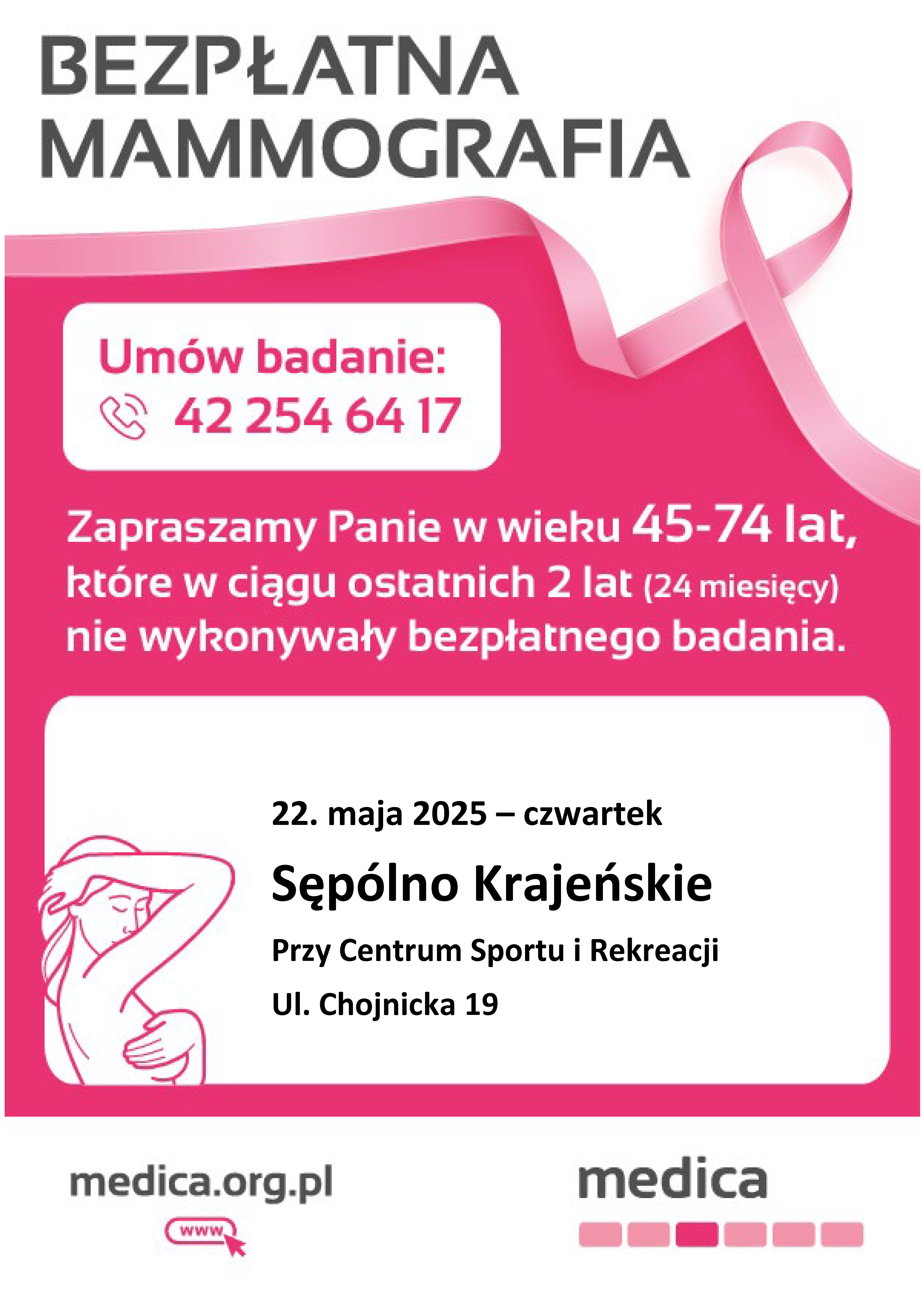 Badania mammograficzne: 22 maja w godzinach od 09:00 do 17:00